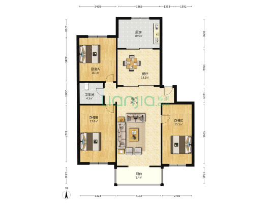 华馨家园 3室2厅1卫 145平方
