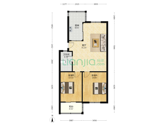 粮食二库宿舍 2室1厅1卫 89平方