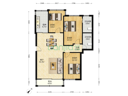 红围二巷13号 3室1厅2卫 105平方