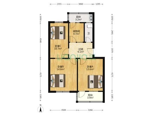 西三马路中段一号楼 3室0厅1卫 70平方
