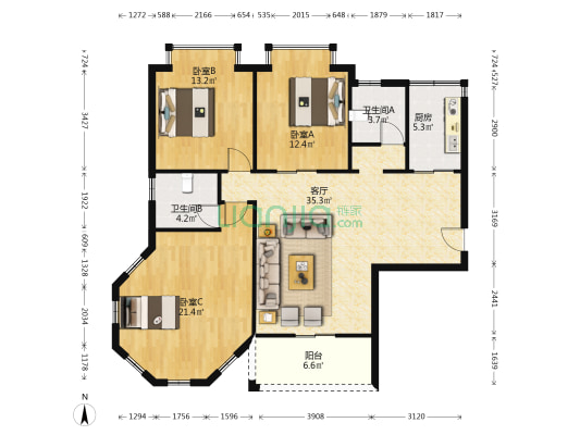 中颐·海伦堡二期 3室1厅2卫 114平方