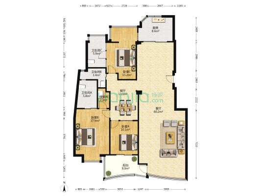 天泉富邑 3室2厅3卫 170平方