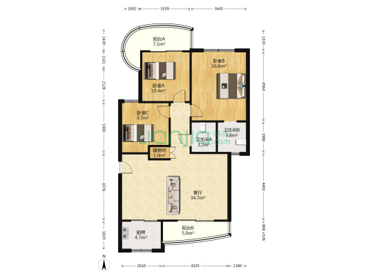 滨海花苑 3室1厅2卫 129平方