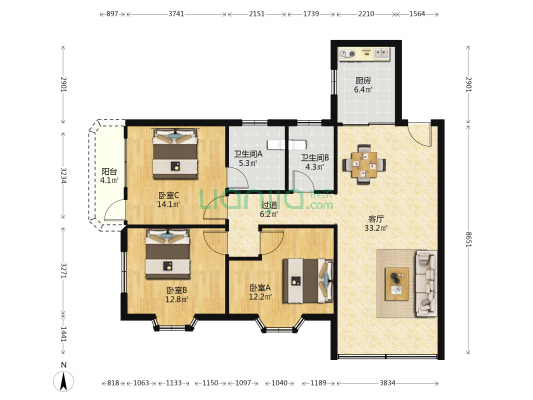 潭洲博爱商场 3室1厅2卫 113平方