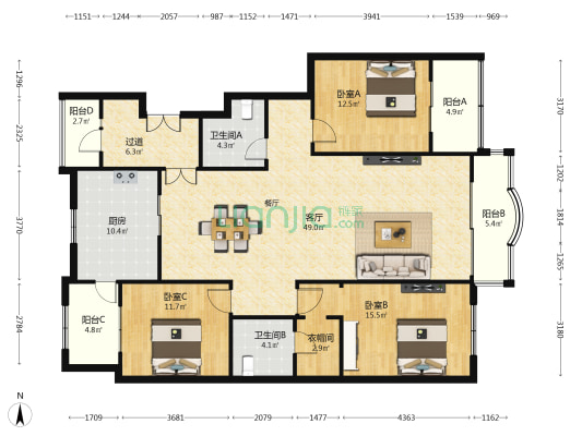 利波莎依得 3室1厅2卫 171平方