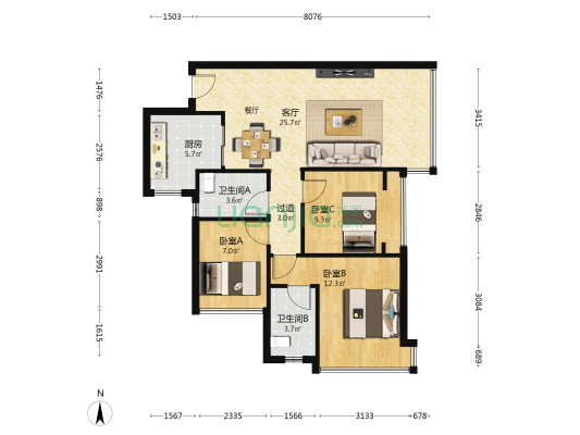 星河天地一期 3室1厅2卫 89平方