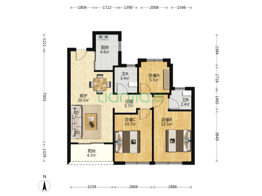 圆尊府 3室1厅2卫 88平方