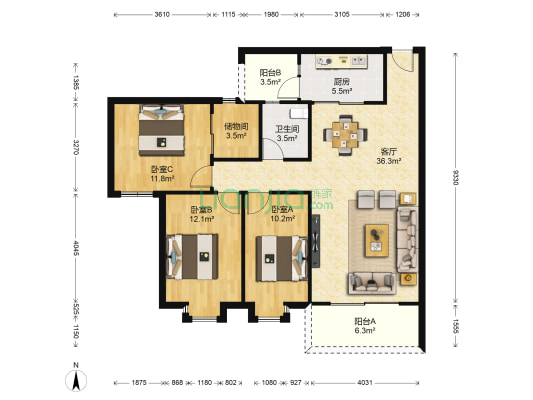 金沙湾花园 3室1厅1卫 102平方