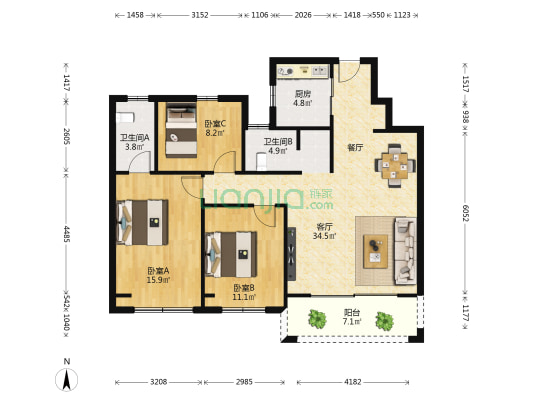弘阳·大都会 3室1厅2卫 115平方