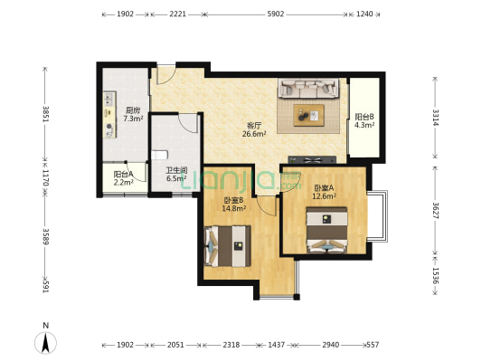 骏文雅苑 2室1厅1卫 94平方