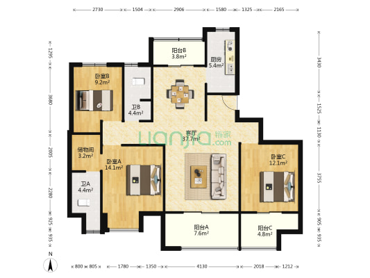 顺安家园 3室1厅2卫 139平方