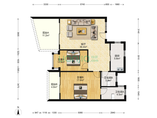 骏园春天 2室1厅2卫 111平方