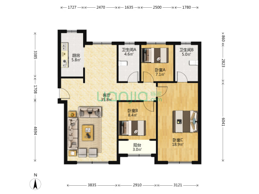 融创文旅城云庐居 3室1厅2卫 130平方