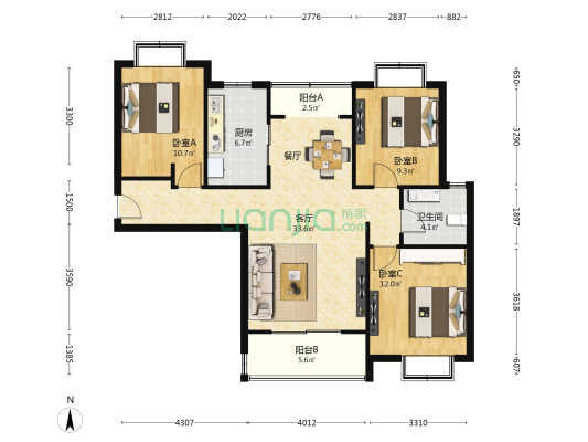 星河世纪城三期(星月蓝湾B区) 3室1厅1卫 119平方