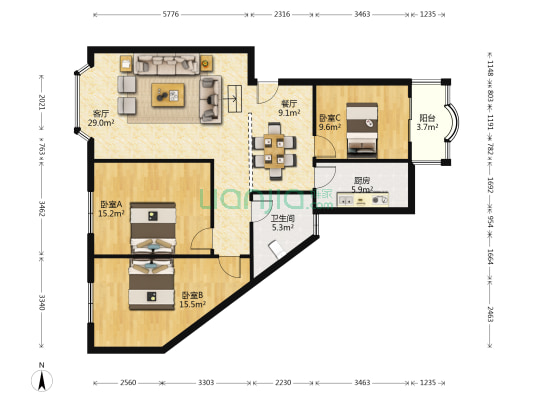 王府花园一期 3室2厅1卫 119平方