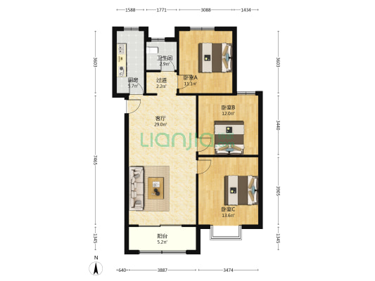 开元华庭 3室1厅1卫 117平方