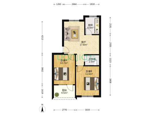 开元区政府宿舍 2室1厅1卫 64平方