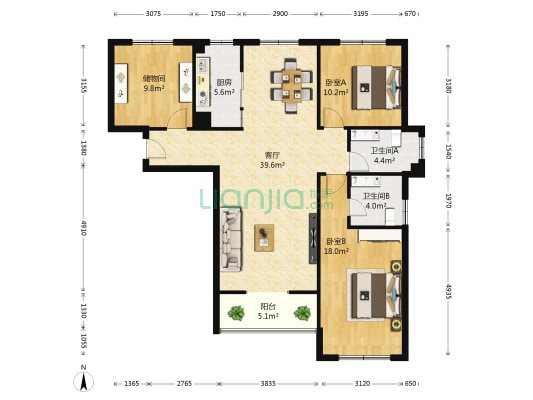 帝苑学府 2室1厅2卫 122平方