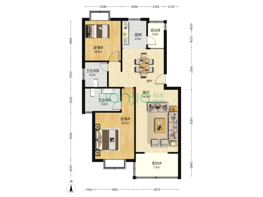 海畔家园(二期) 2室1厅2卫 104平方