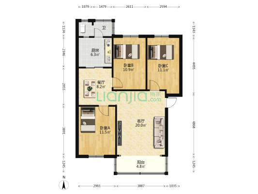 海南松海联合供水公司宿舍 3室2厅1卫 77平方
