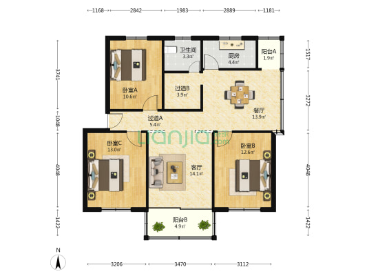 孟介园小区 3室2厅1卫 98平方