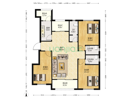 力帆翡翠华府 3室1厅3卫 119平方