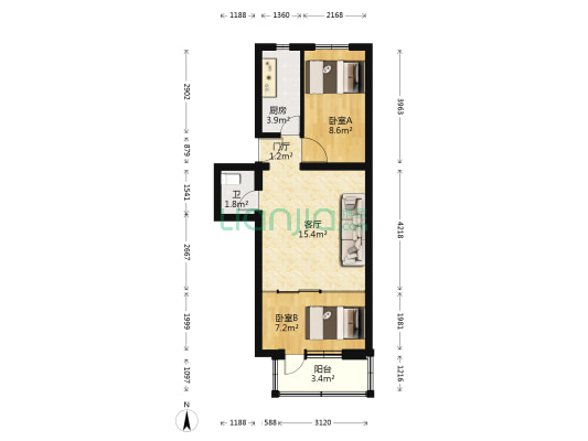 拱辰大街29号楼 2室1厅1卫 54平方