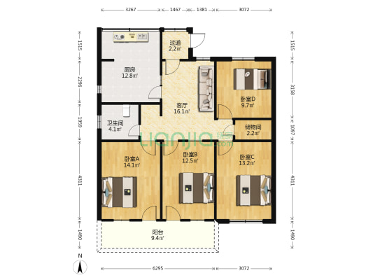 省人防办华屏路单位宿舍 4室1厅1卫 117平方