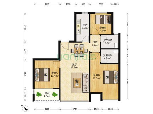荣和花园 3室1厅2卫 98平方