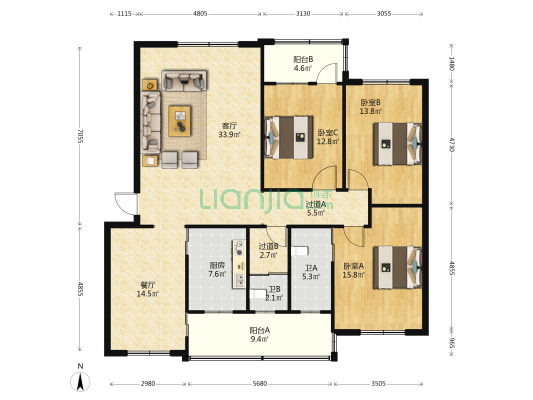 四川省信息通信学校宿舍 3室2厅2卫 145平方
