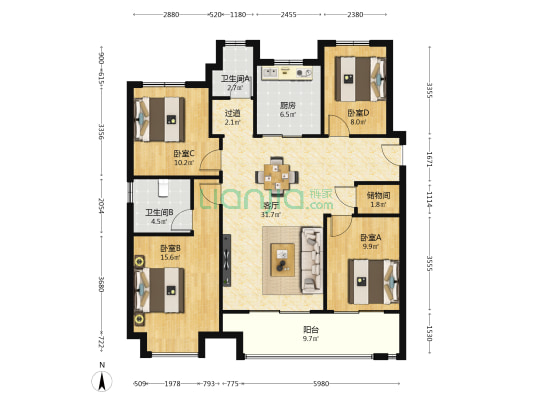 万科北门塘上一期 4室1厅2卫 132平方