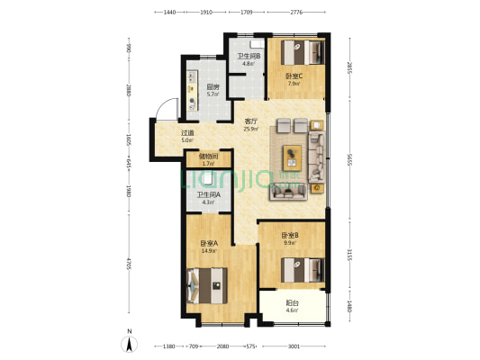 红星檀樾 3室1厅2卫 119平方