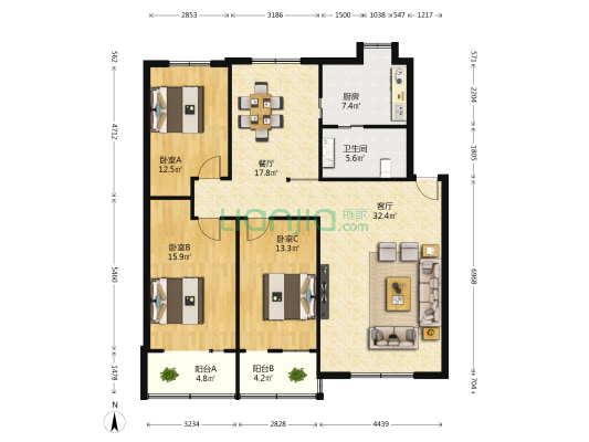 迎宾大道457号 3室2厅1卫 130平方