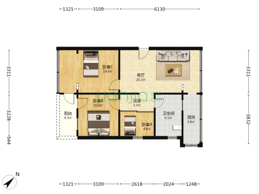 省旅游局宿舍 3室1厅1卫 67平方