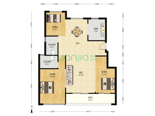 天荟江南府 3室1厅2卫 133平方