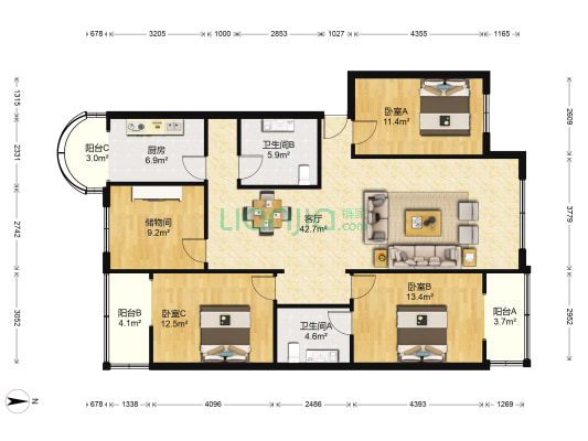 流溪苑 3室1厅2卫 138平方
