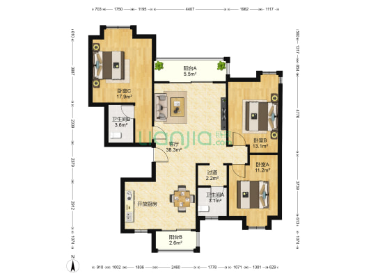 仙河苑三期 3室1厅2卫 122平方