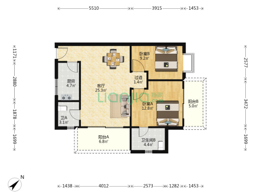 大岗瑞华大厦 2室1厅2卫 87平方