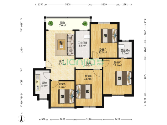 红军村 4室1厅2卫 111平方