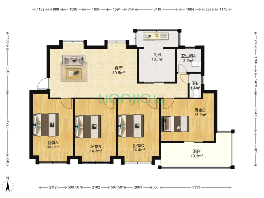 847宅区 4室1厅2卫 137平方