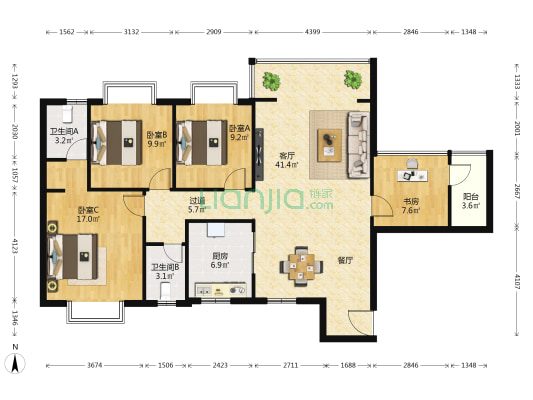 奔腾安吉苑 4室1厅2卫 137平方