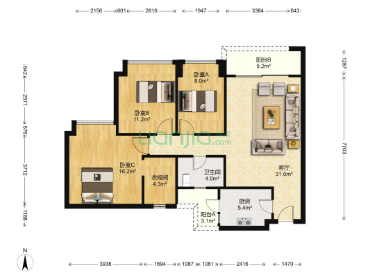 星运绿洲嘉园 3室1厅1卫 110平方