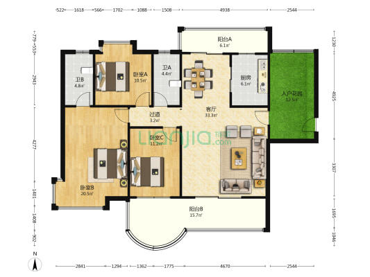 亿泉尚园 3室1厅2卫 141平方