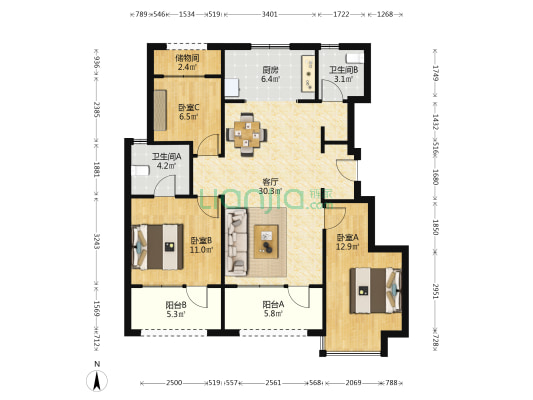 金科新希望集美东方 3室1厅2卫 104平方