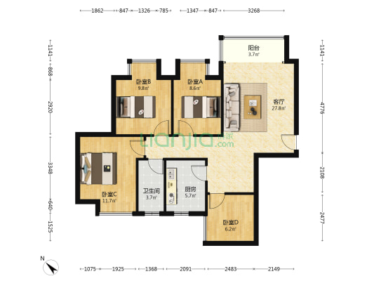 洪河城市花园 4室1厅1卫 96平方