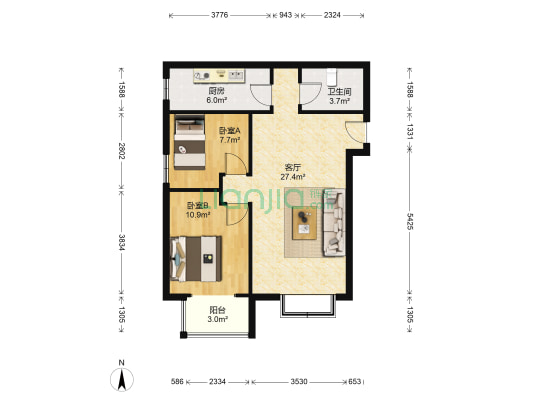 华阳西路双塔片区的电梯房，中间楼层精装两居-户型图