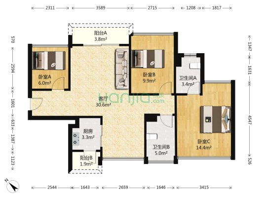 龙光水悦熙园 3室1厅2卫 88平方