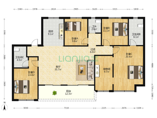 蓝光晶曜雅苑 4室1厅3卫 170平方