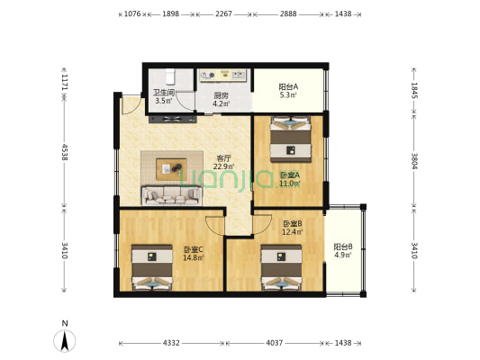金城公寓 3室1厅1卫 96平方