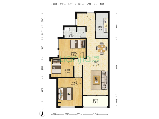 泰禹云开壹品 3室1厅1卫 89平方